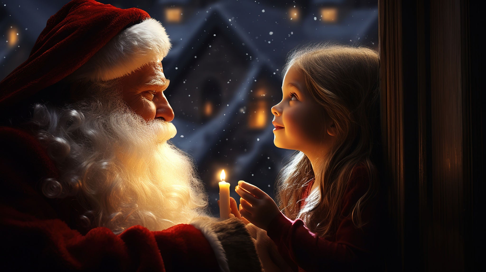 Santa Claus on the street with a child in his hands, Magical night before Christmas.