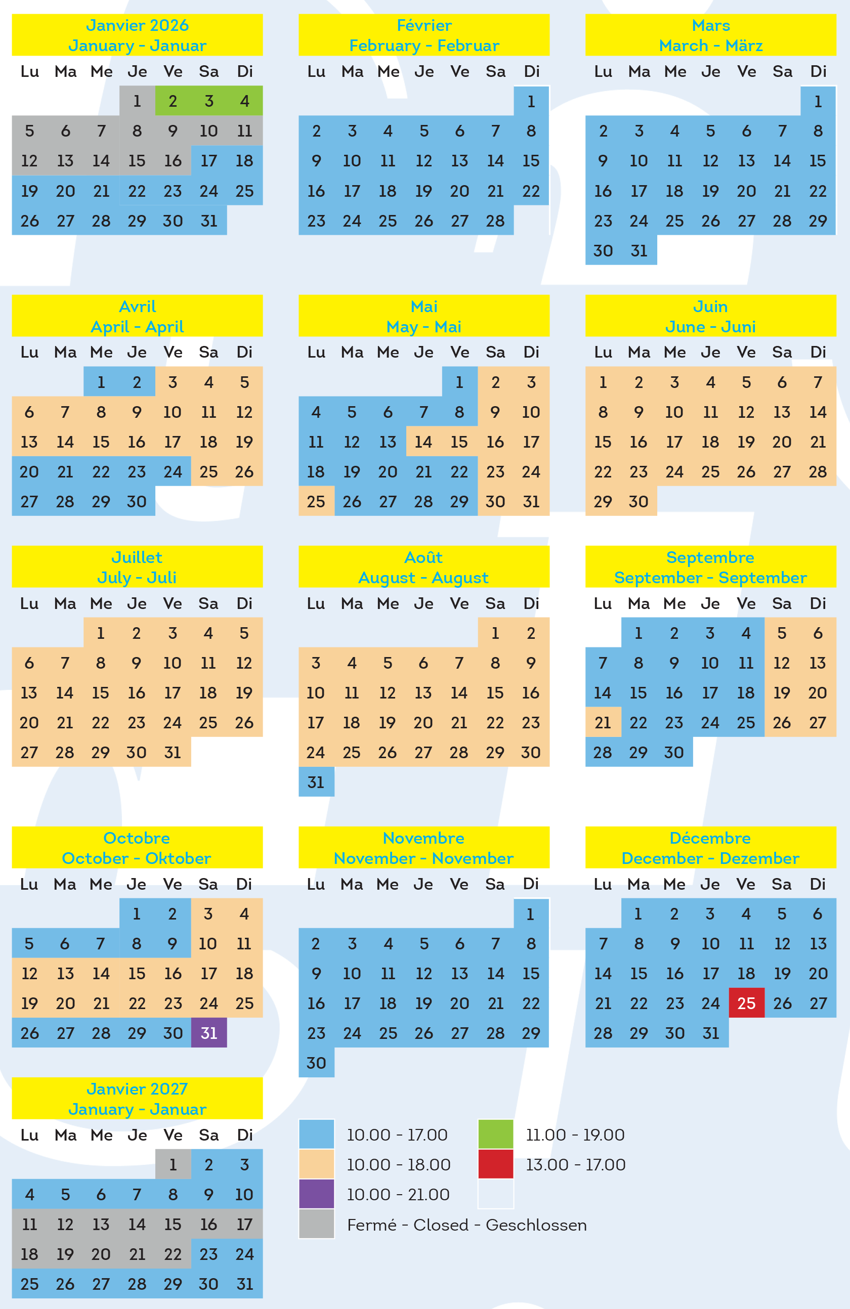 Calendrier d'ouverture 2026